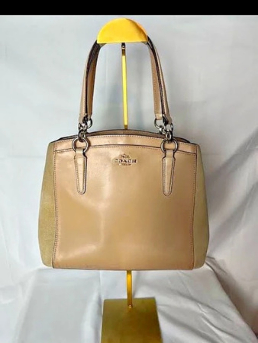 Coach Beige Tan Leather Satchel Shoulder Bag Double Handles